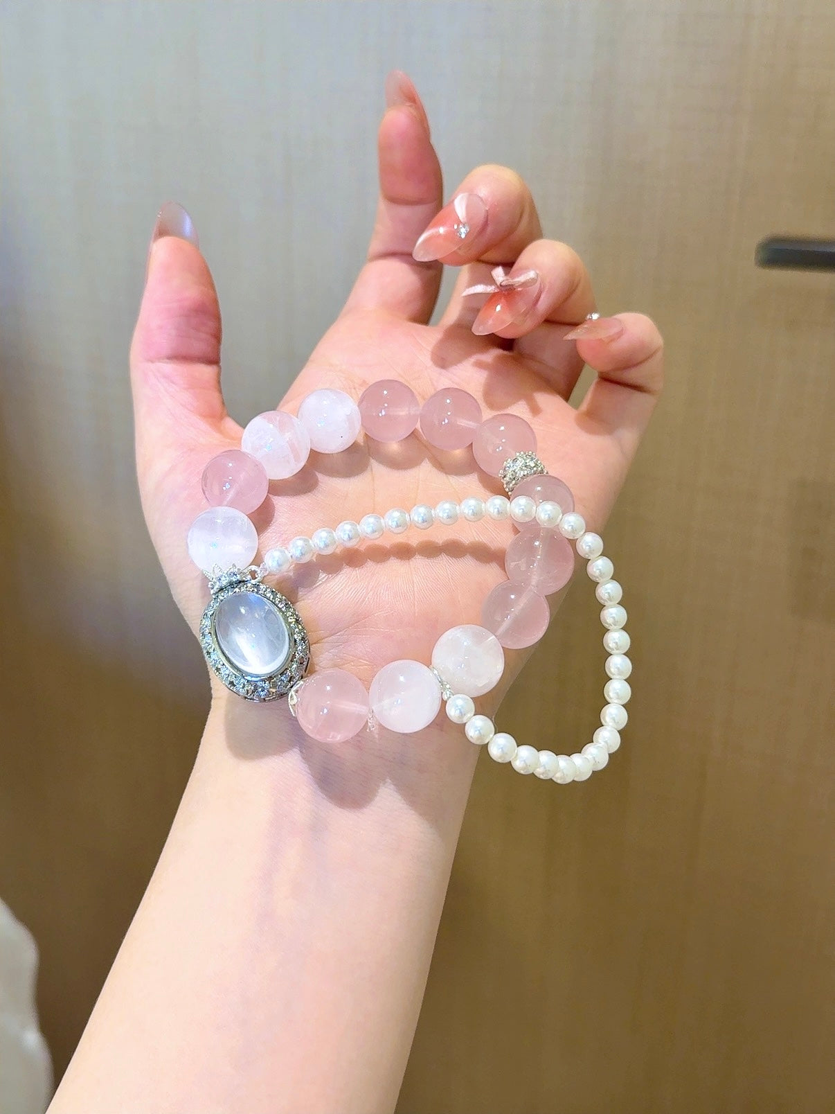 ▫️▪️ Pink crystal white ghost milky white crystal magic box bracelet